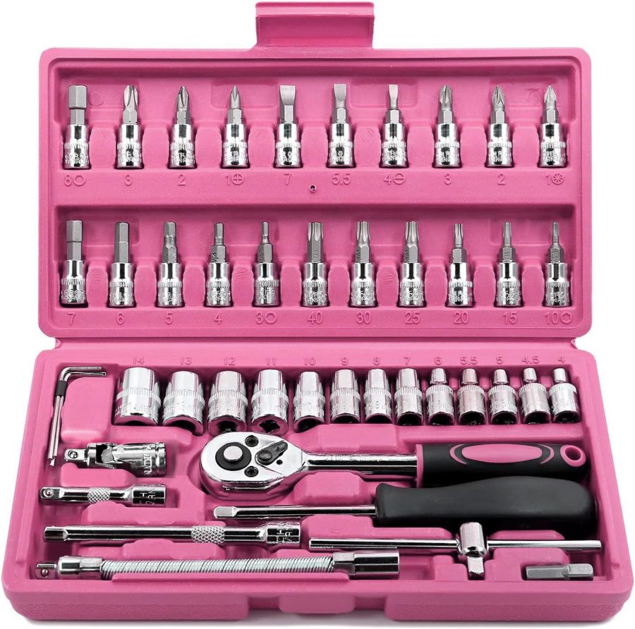 46-Piece 1/4 Inch Metric Socket Set, Pink Case